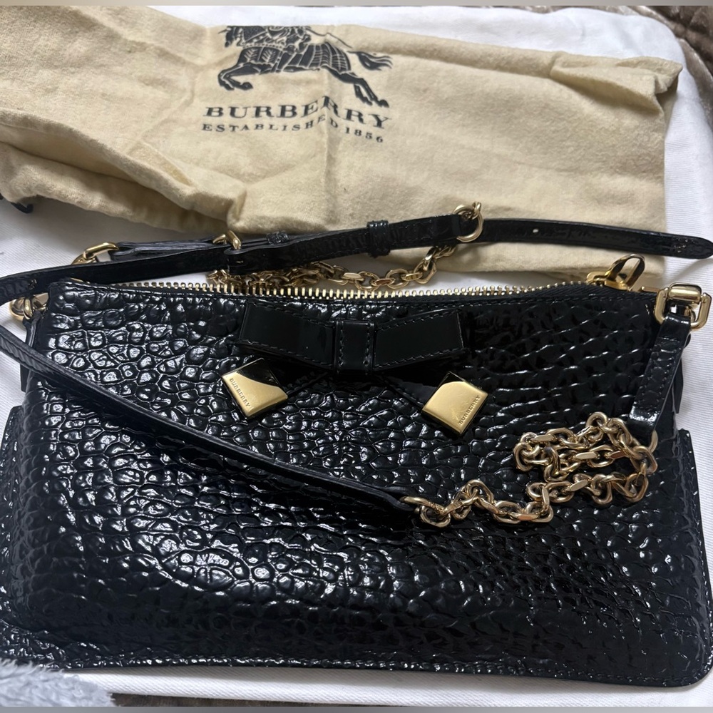 Burberry Black Patent Croc-Embossed Crossbody Bag with Bow
